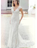 Cap Sleeves Ivory Lace Tulle V Back Romantic Wedding Dress